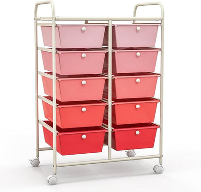 Giantex 10 Drawers Rolling Cart, Classroom Organizers, Storage Cart with Wheels, for Teacher Office Home School Supplies Tool Craft Art Paper, Pink Gradient