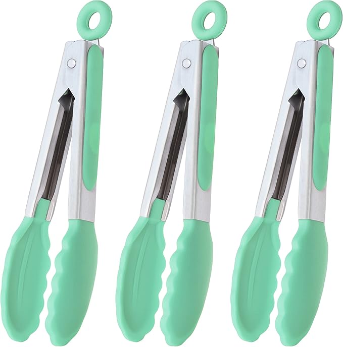 HINMAY Mini Tongs with Silicone Tips 7 Inches Silicone Cooking Tongs, Set of 3 (Mint)