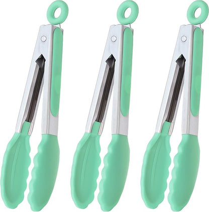 HINMAY Mini Tongs with Silicone Tips 7 Inches Silicone Cooking Tongs, Set of 3 (Mint)