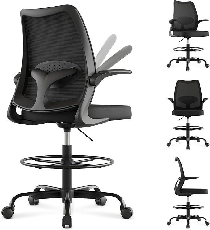 Tall Drafting Chair Ergonomic Home Office Desks Chairs Standing Desk Chair with Flip-up Armrests Adjustable Height Breathable Mesh Office Chair with Lumbar Support and Adjustable Footrest Ring Black
