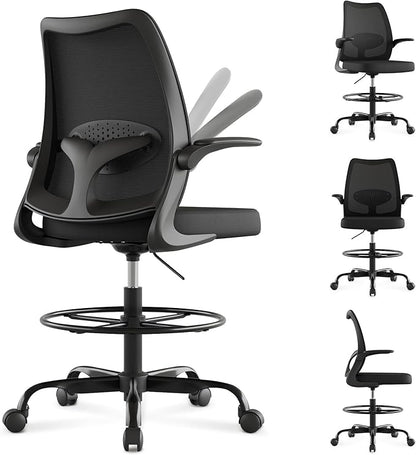 Tall Drafting Chair Ergonomic Home Office Desks Chairs Standing Desk Chair with Flip-up Armrests Adjustable Height Breathable Mesh Office Chair with Lumbar Support and Adjustable Footrest Ring Black