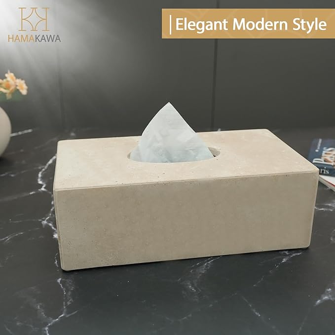 HAMAKAWA Natural Marble Tissue Box Cover, Beige Tissue Organizer L 10 x W 5.5 x H 3.5 Inch, Heavy Stone Decorative Box, Square Tissue Box Holder for Home Decor, Kitchen, Bathroom