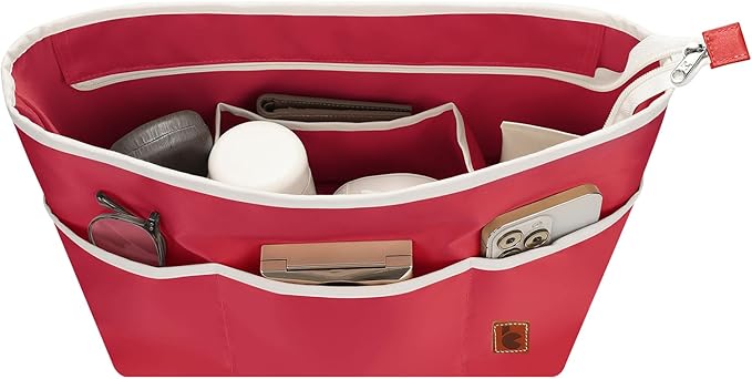 SDANG Purse Organizer Insert with Zipper – Pink Handbag & Tote Bag Organizer | Bag-in-Bag Insert with Pockets for Purses, Totes & Travel(Red,Small 24)