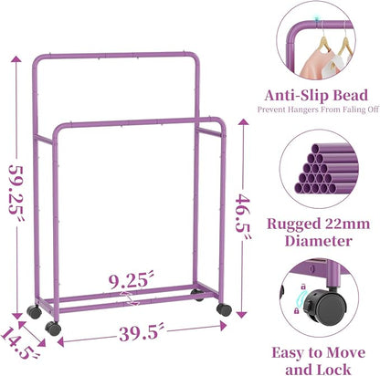 Simple Trending Clothing Clothes Rack Double Rods with Wheels, Rolling Metal Garment Rack for Hanging, Purple