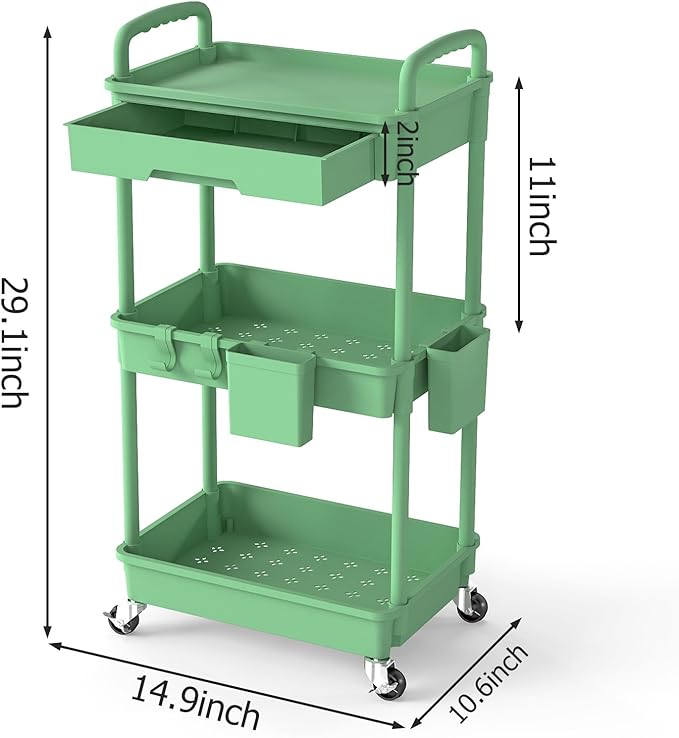 LLMRR 3 Tier Rolling Utility Cart with Drawer, Plastic Storage Organizer Rolling Carts with Wheels Handles Hanging Cups Hooks for Office, Bathroom, Kitchen,Craft Art Room (Green)