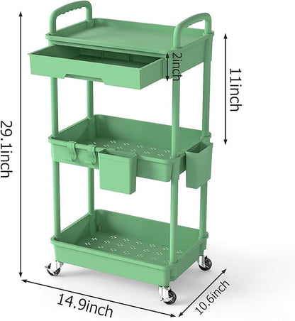 LLMRR 3 Tier Rolling Utility Cart with Drawer, Plastic Storage Organizer Rolling Carts with Wheels Handles Hanging Cups Hooks for Office, Bathroom, Kitchen,Craft Art Room (Green)
