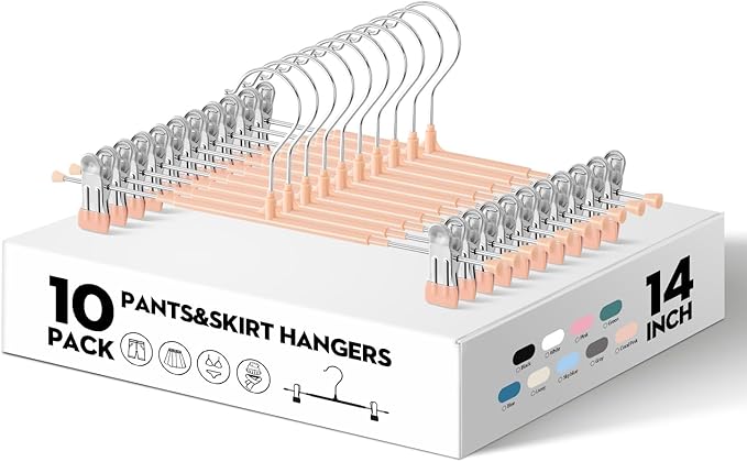 10PACK 14Inch Pants Hangers with Clips Adjustable Skirt Hangers for Women Metal Non-Slip Trousers Hanger Heavy Duty Space Saving Clothes Hanger for Shorts,Jeans,Coral Pink