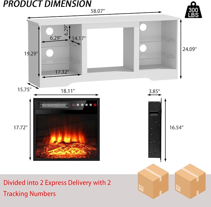 PRETZI Fireplace TV Stand with 18" Fireplace Up to 65" TVs, 58" Entertainment Center with LED Lights, TV Media Console with Adjustable Glass Shelves and Storage Cabinets for Living Room, White