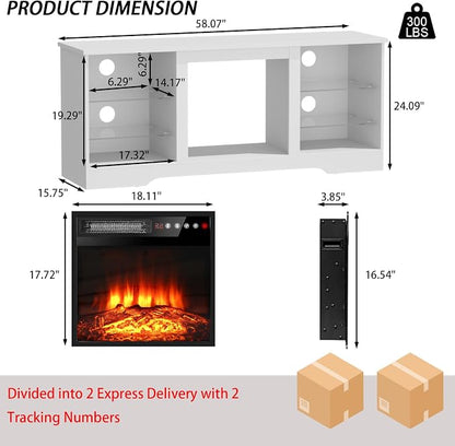 PRETZI Fireplace TV Stand with 18" Fireplace Up to 65" TVs, 58" Entertainment Center with LED Lights, TV Media Console with Adjustable Glass Shelves and Storage Cabinets for Living Room, White