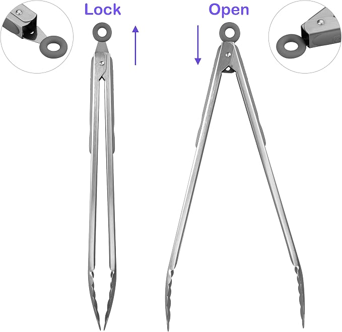 304 Stainless Steel Kitchen Cooking Tongs, 14" and 16" Set of 2 Sturdy Grilling Barbeque Brushed Locking Food Tongs with Ergonomic Grip, Grey