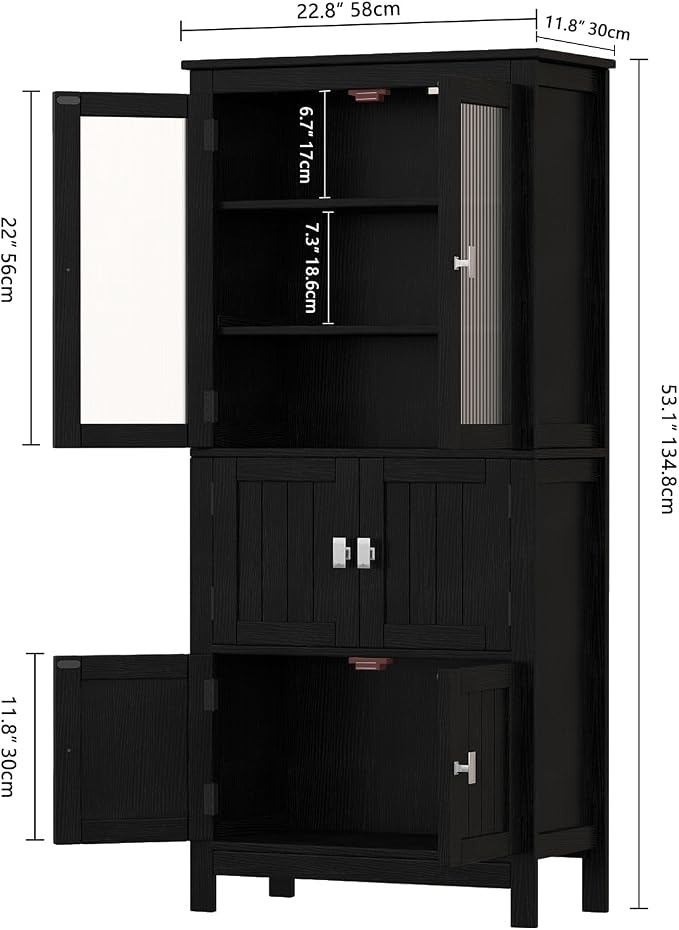 Akxomel 53.1" H Tall Bathroom Storage Cabinet, Bathroom Floor Cabinet with 6 Doors and Adjustable Shlef, Linen Cabinet, Pantry Cabinet for Living Room, Kitchen, Entryway, Black