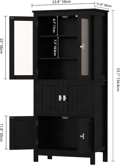 Akxomel 53.1" H Tall Bathroom Storage Cabinet, Bathroom Floor Cabinet with 6 Doors and Adjustable Shlef, Linen Cabinet, Pantry Cabinet for Living Room, Kitchen, Entryway, Black