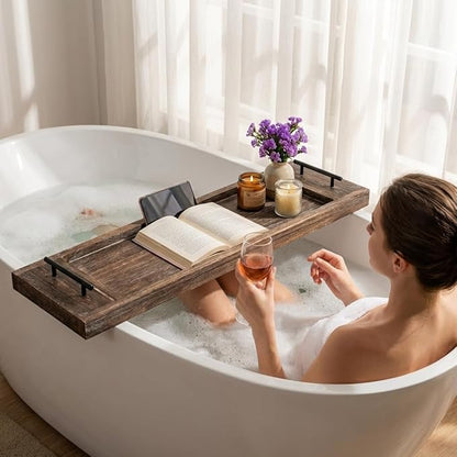 Hanobe Bathtub Tray Bath Caddy: Wood Bath Tub Trays Table Board - Rustic Bathtub Shelf Across Tub - Long Wooden Serving Tray with Handles for Bathroom, 31"
