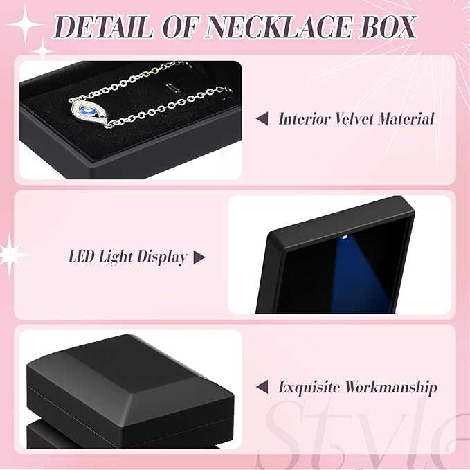 Yinkin 12 Pcs Black Velvet Jewelry Boxes LED Light Display Ring Necklace Bracelet Chain Gift Box Bulk Wedding Proposal Anniversary (Pendant Box,Square)