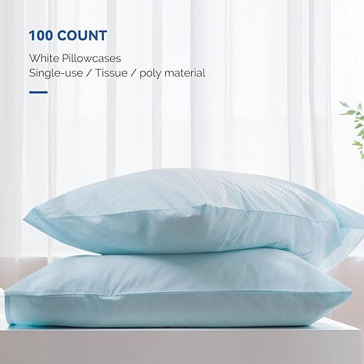 JMU 100PCS Disposable Pillowcases Blue, 21" x 30",1 Ply Tissue 1 Ply Poly Film, Single Use Pillow Case for Hospitals Medical Supplies