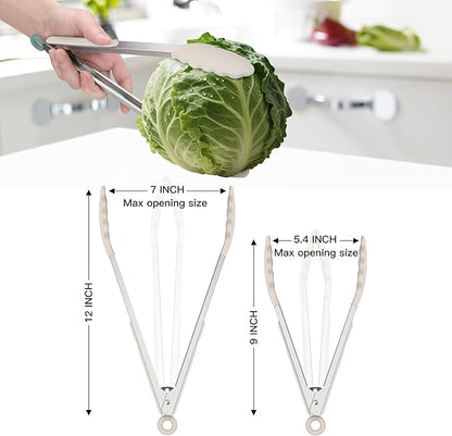 HOTEC Premium Stainless Steel Locking Kitchen Tongs with Silicon Tips, Set of 2-9" and 12",Khaki