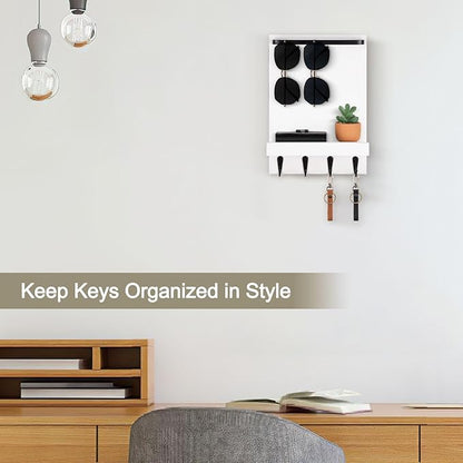 Key Holder Wall Mount, Key Holder for Wall with 4 Hooks, Farmhouse Key Hanger Holds Dog Leash, Sunglasses – Decorative Mail Organizer Home Decor (White)