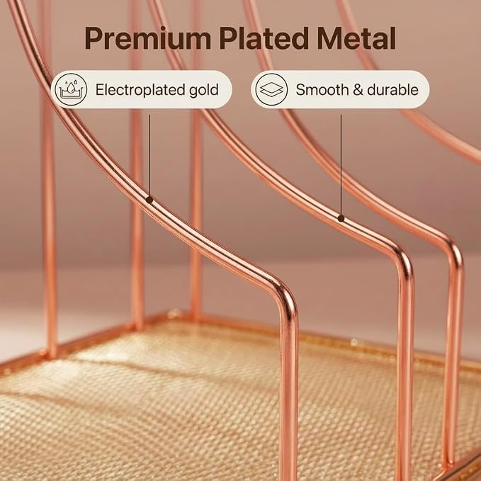 Rose Gold Binder Organizer for Desk, 5 Slot Metal Wire Vertical File Sorter with Mesh Bottom, Desktop Magazine Holder Rack for 2 Inch Binders, Medical Coding Books, Vinyl Records, 12.1"