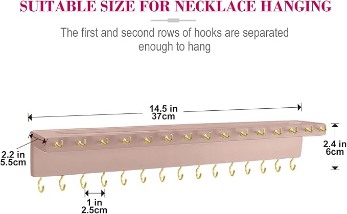 YYILIS Necklace Holder, Upgraded Extra Large Wall Necklace Organizer with 30 Hooks Wall Mounted Necklace Hanger with Jewelry Tray/Cosmetics Shelf Rustic Pine Wood Holder (Pink)