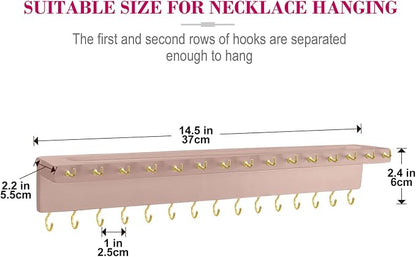 YYILIS Necklace Holder, Upgraded Extra Large Wall Necklace Organizer with 30 Hooks Wall Mounted Necklace Hanger with Jewelry Tray/Cosmetics Shelf Rustic Pine Wood Holder (Pink)