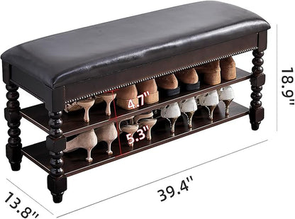 LKZ Shoe Storage Bench, Solid Wood Shoe Bench with Microfiber Leather Cushion Seat for Hallway, Entryway, Living Room, Bedroom (Walnut, 39.4'')