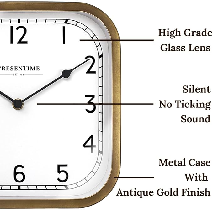Presentime & Co 10" Anton Vintage Square Clock, Silent No Ticking, Wall & Mantel 2 in 1 Clock, Desk and Shelf Clock, Tabletop Décor, Antique Hamilton Gold
