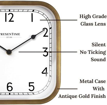 Presentime & Co 10" Anton Vintage Square Clock, Silent No Ticking, Wall & Mantel 2 in 1 Clock, Desk and Shelf Clock, Tabletop Décor, Antique Hamilton Gold