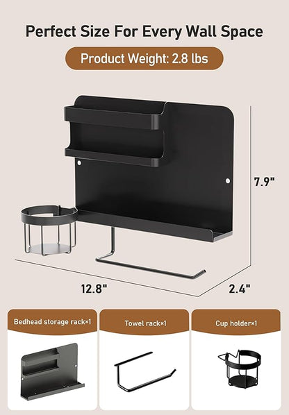 Bedside Wall Organizer Metal Shelf with Cup & Tissue Holder – Waterproof Wall Storage Rack for Dorm Room, Bathroom, Kitchen, and Office (Black)