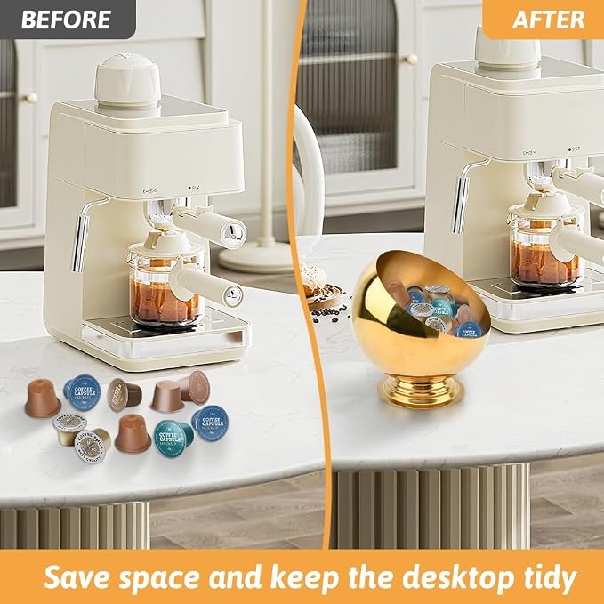Coffee Pod Holder, Large Capacity Stainless Steel K Cups Holder Organizer Bowl Coffee Capsule Creamer Container Basket, Espresso Pods Storage for Bar Station, Counter (Gold)