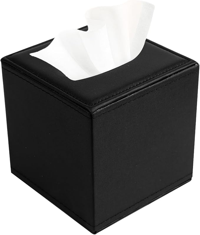 PU Leather Tissue Box Cover with Magnetic Closure,Square Tissue Box Holder with Magnetic Closure at The Bottom，Used for Bathroom Vanity Countertop Night Stands Bedroom Office Desk and Offices-Black