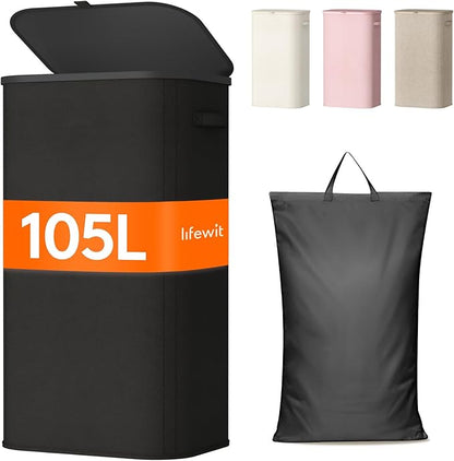 Lifewit 105L Laundry Basket with Lid, Large Laundry Hamper with Plastic Handles and Removable Bag, Foldable Tall Dirty Clothes Hampers for Laundry for Laundry Room, Bedroom, Bathroom, Dorm, Black