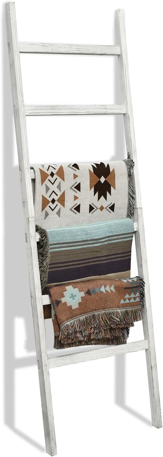 FUIN 6.4ft Extra Wide Wooden Blanket Ladder Living Room Decorative Wal Leaning Farmhouse Quilt Display Holder Rustic Wood Towel Rack for Bathroom, White, 24 inch Wide