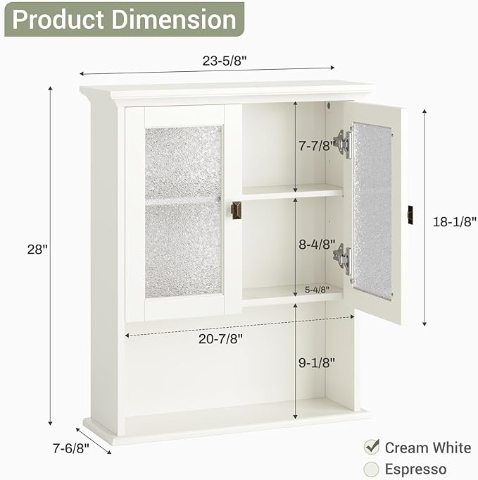 Wall Mount Bathroom Storage Cabinet, Medicine Cabinet with Tempered Glass Door and Buffering Hinge Over Toilet Storage Cabinet Wall Mounted Organizer Above Toilet Storage (Cream White)