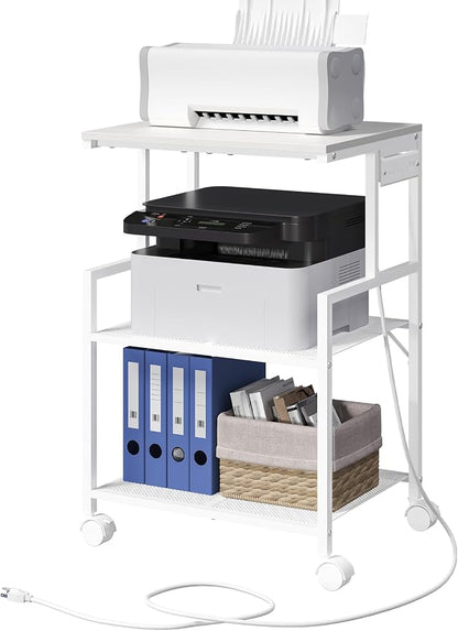 MAHANCRIS Mobile Printer Stand, 3-Tier Industrial Printer Cart with 2 AC Outlets and 2 USB Ports, Rolling Printer Table on Wheels for Home Offices Kitchen Organization Rack, White PTWT78E01