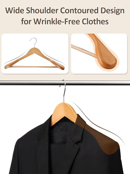 AMKUFO Wide Shoulder Wooden Hangers 8 Pack Coat Hanger with Non Slip Pants Bar, Heavy Duty Suit Hanger Wood Clothes Hangers with Smooth Finish 360° Swivel Hook for Sweater Jackets Shirts Natural