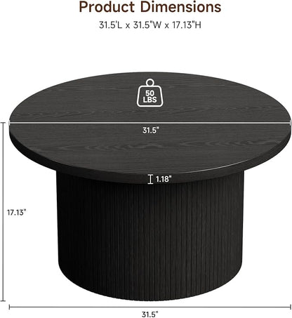 31.5" Round Coffee Table, Mid Century Modern Fluted Tambour Coffee Table, Engineered Wood Small Circle Center Table, Drum Accent Modern Living Room Table, Black