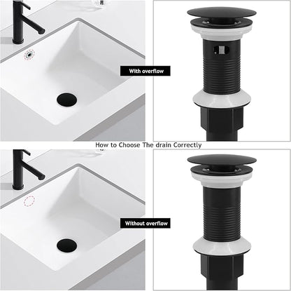Bathroom Sink Drain,2 Pack Drain Stopper with Overflow,Pop Up Drain Assembly with Detachable Strainer Basket,Built-in Anti-Clogging, Stainless Steel Nut Mattle Black
