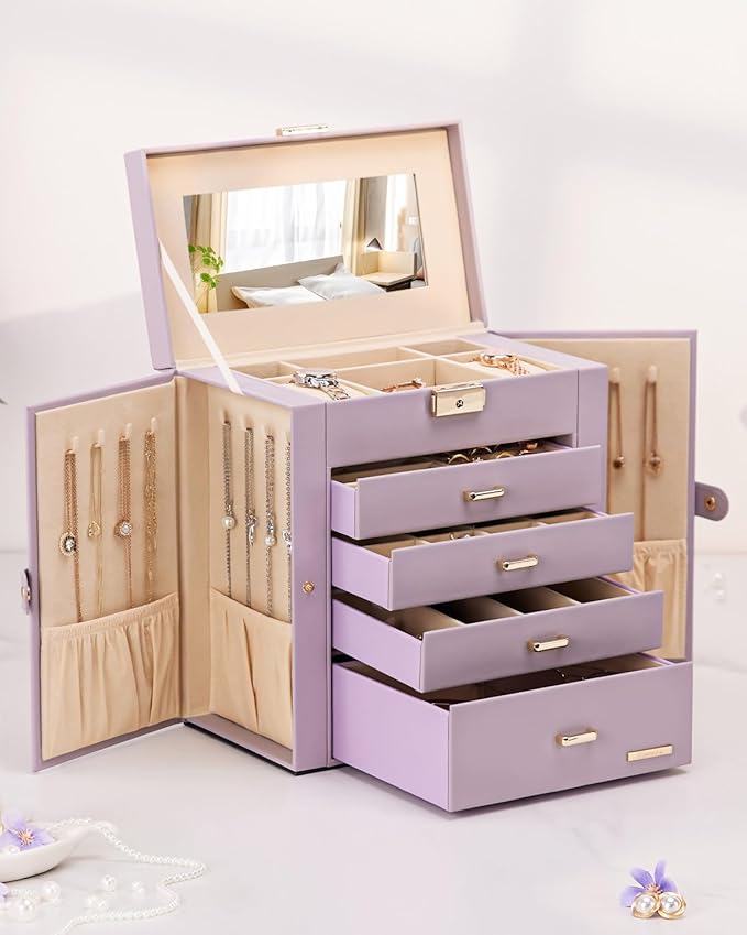 Homde Christmas Gifts Synthetic Leather Huge Jewelry Box Mirrored Watch Organizer Necklace Ring Earring Storage Lockable Gift Case (Grey Purple + Gold)