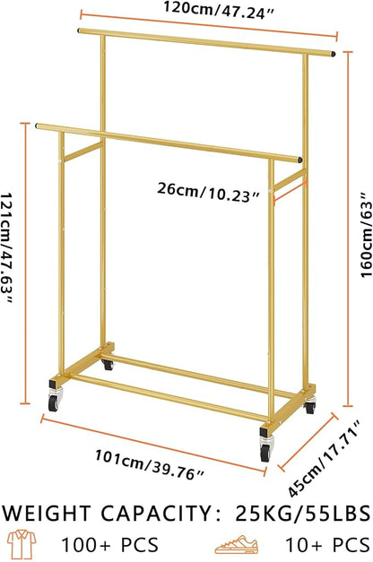 Calmootey Double Rod Clothing Garment Rack,Rolling Hanging Clothes Rack,Portable Clothes Organizer for Bedroom,Living Room,Clothing Store,Gold