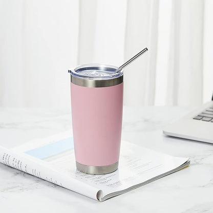 COMOOO 20oz Double Wall Vacuum Insulated Travel Mug Stainless Steel Tumbler with Lid and Straw Durable Powder Coated Insulated Coffee Cup for Cold & Hot Drinks (Pink, 12 pack