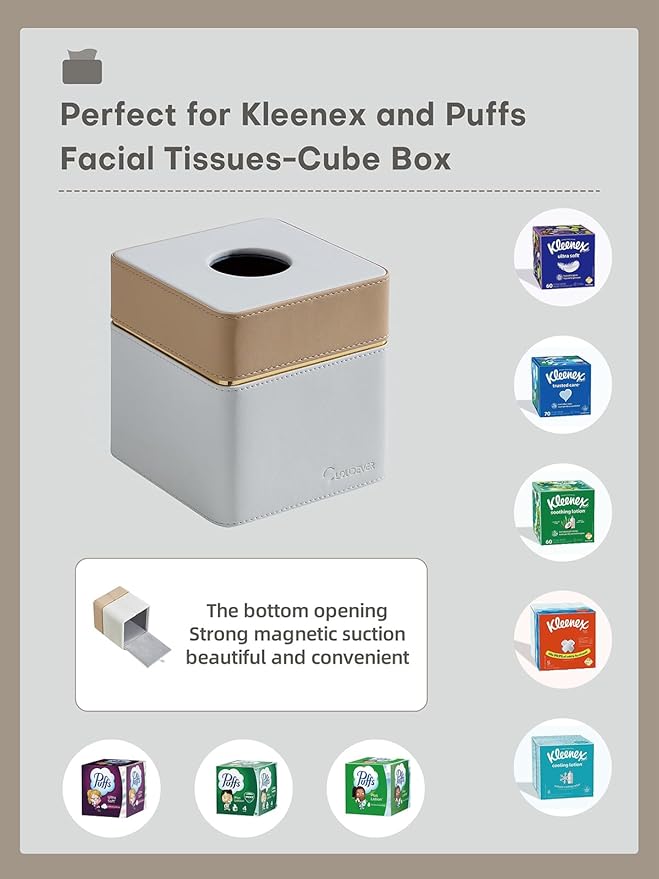 Cloudever Tissue Box Holder Cover Square, Modern PU Leather Decorative Tissue Cube Holder Organizer-Apricot Cream