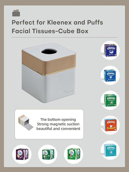 Cloudever Tissue Box Holder Cover Square, Modern PU Leather Decorative Tissue Cube Holder Organizer-Apricot Cream