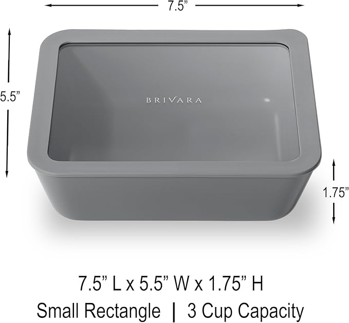 BRIVARA HOME Ceramic Coated Glass Food Storage Container | No PTFE, PFOA, PFAS, and BPA | Reusable Non Toxic Meal Prep Container with Glass Lid | Easy To Store | 3 Cup Rectangle [Smoke]