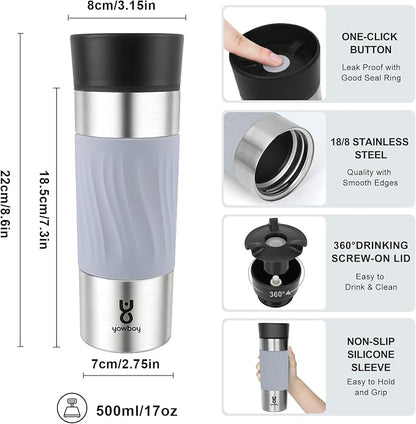 Travel Coffee Mug with 360°Lid, Travel Coffee Tumbler 16 oz Leak Proof, Stainless Steel Insulated Travel Mugs for Hot and Cold Spill Proof Leak Proof(Grey)