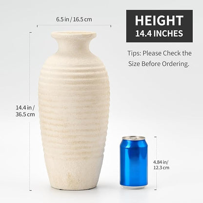 Vaseking Ceramic Natural Rustic Vase, 14.4 Inch Large Vintage Flower Threaded Decorative Farmhouse Tall Vase for Home Decor, Living Room, Shelf Decor, Wedding, Housewarming Gift, Off-White