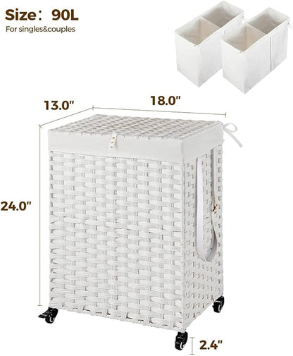 Greenstell Laundry Hamper with Wheels, No Install Needed, 90L Divided Handwoven Hampers & 2 Removable Liner Bags, Rattan Clothes Laundry Basket with Lid & Handles, Foldable Hampers White