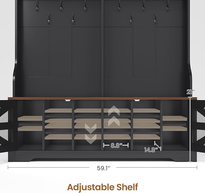 Itaar Hall Tree with Bench and Shoe Storage, 5-in-1 Entryway Bench with Coat Rack, 16 Shoe Cubbies & 12 Coat Hooks, Barn Door & Adjustable Shelf (Black)