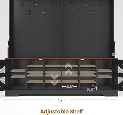 Itaar Hall Tree with Bench and Shoe Storage, 5-in-1 Entryway Bench with Coat Rack, 16 Shoe Cubbies & 12 Coat Hooks, Barn Door & Adjustable Shelf (Black)