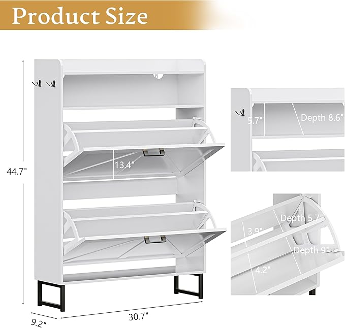Shoe Cabinet with 2 Flip Drawers, 45" Freestanding Narrow Wood Shoe Storage Cabinet with Metal Legs and Hooks, Slim Shoe Rack Organizer for Entryway, Hallway, White