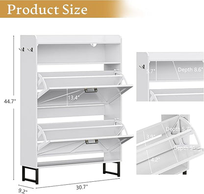 Shoe Cabinet with 2 Flip Drawers, 45" Freestanding Narrow Wood Shoe Storage Cabinet with Metal Legs and Hooks, Slim Shoe Rack Organizer for Entryway, Hallway, White